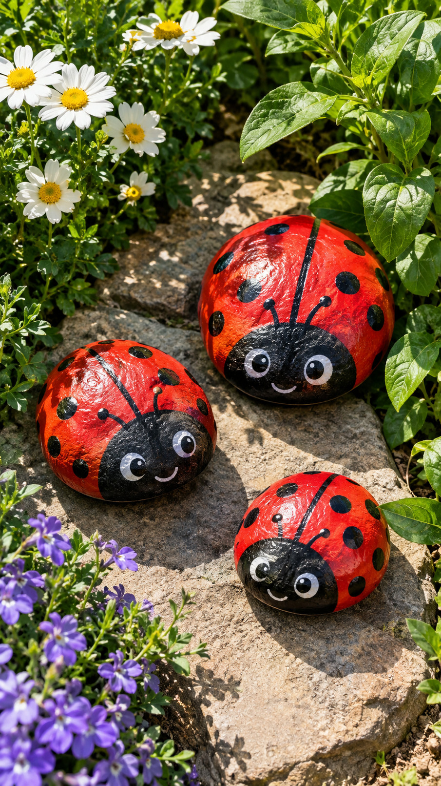 A candy-apple ladybug painted rock with a glossy scarlet shell, black spots, and bright highlights resting beside colorful garden flowers.