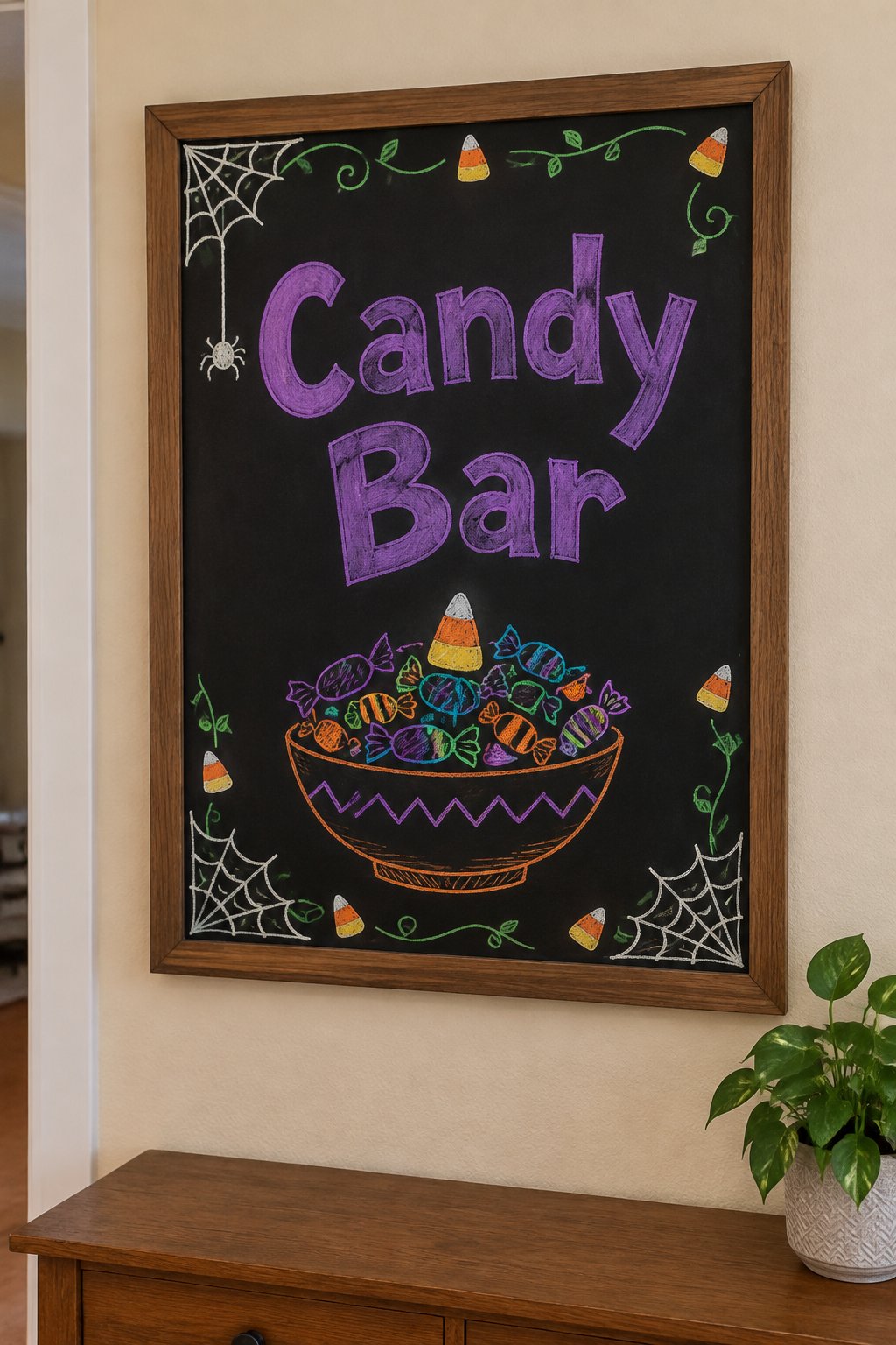 Candy Bar Sign: a framed Halloween chalkboard sign reading "Candy Bar", hand-drawn in chalk with a bowl overflowing with wrapped candies and one piece of candy corn on top.