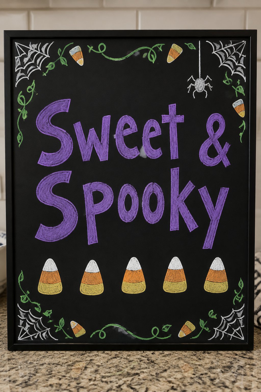 Candy Corn Row: a framed Halloween chalkboard sign reading "Sweet & Spooky", hand-drawn in chalk with a neat row of five candy corn pieces along the bottom.