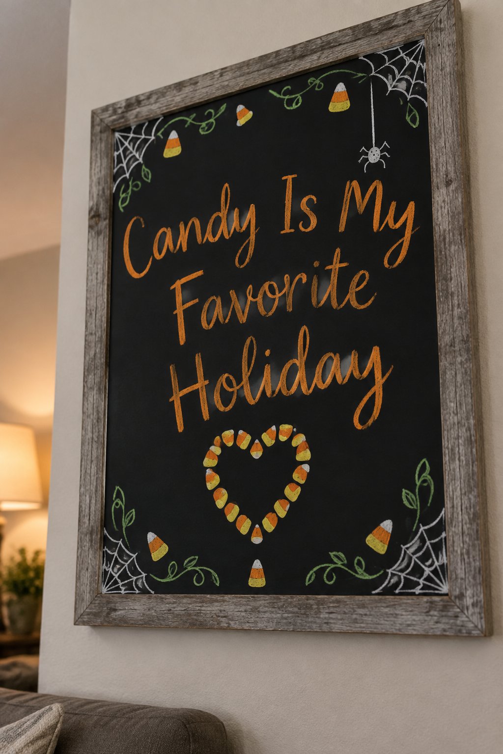 Candy Is My Favorite Holiday: a framed Halloween chalkboard sign reading "Candy Is My Favorite Holiday", hand-drawn in chalk with a heart shape made out of small candy corn pieces.