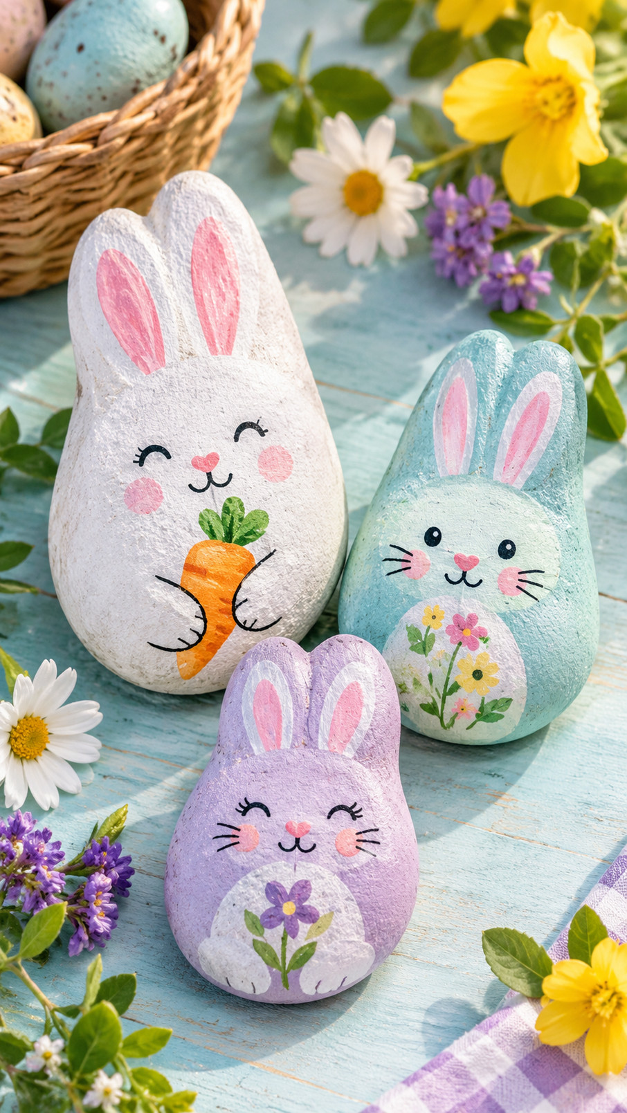 A painted rock featuring a cheerful bunny surrounded by orange carrots and green leaves on a sunny yellow background.