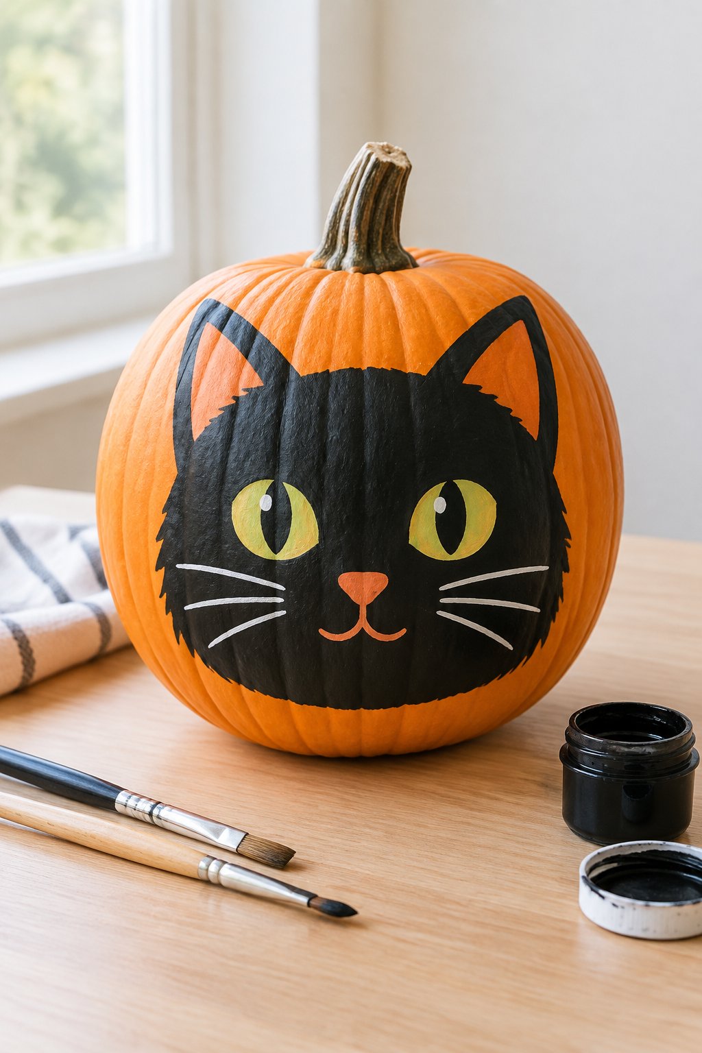 Black Cat Face Pumpkin - cat pumpkin painting