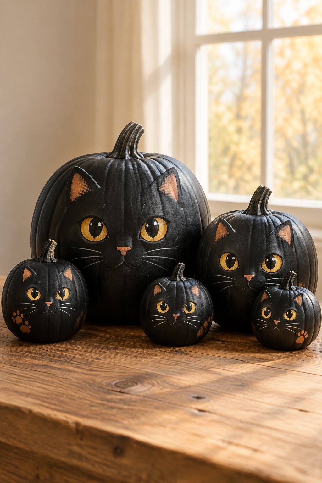 Black Cat Family Pumpkin Row - cat pumpkin painting