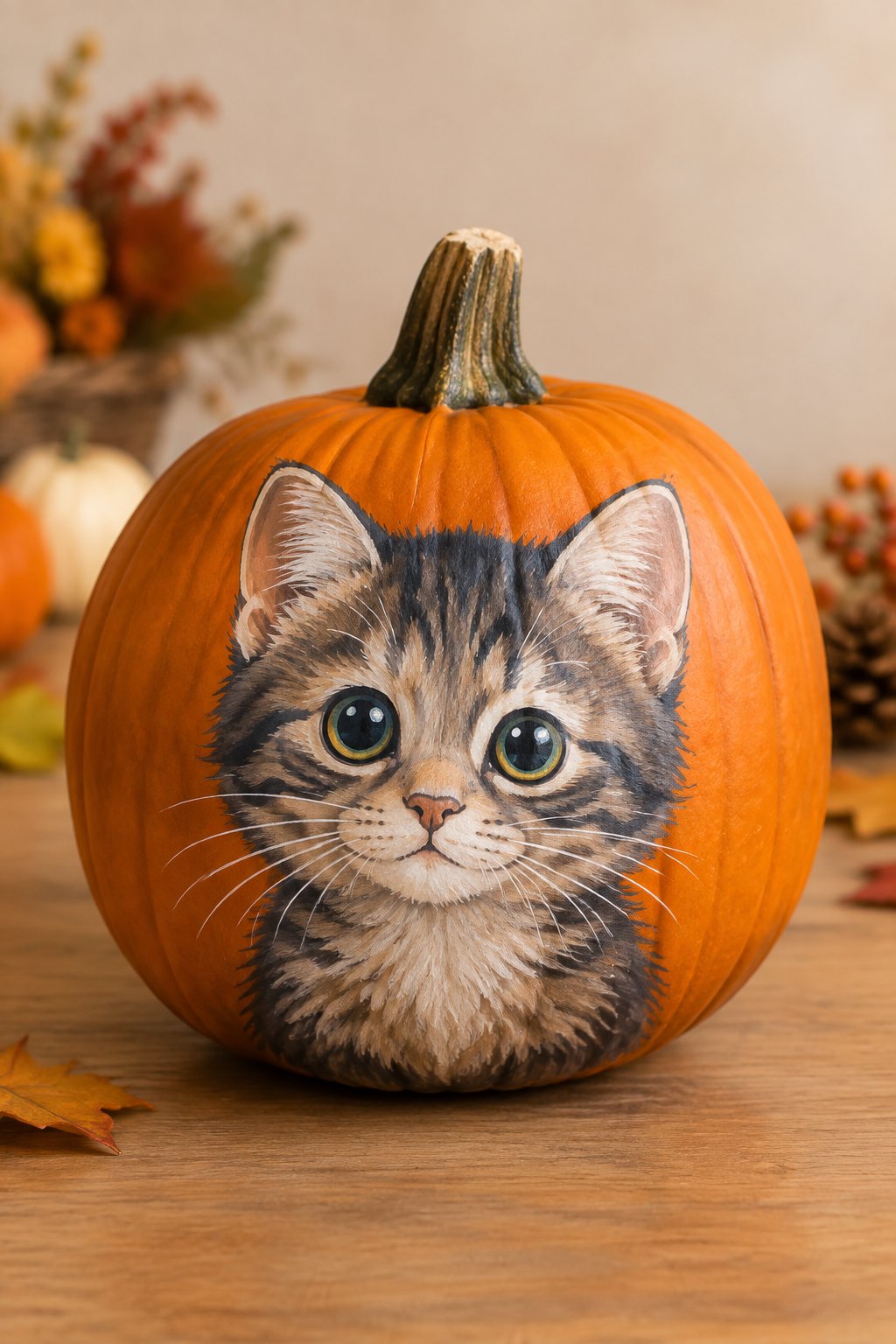 Wide-Eyed Kitten Pumpkin - cat pumpkin painting