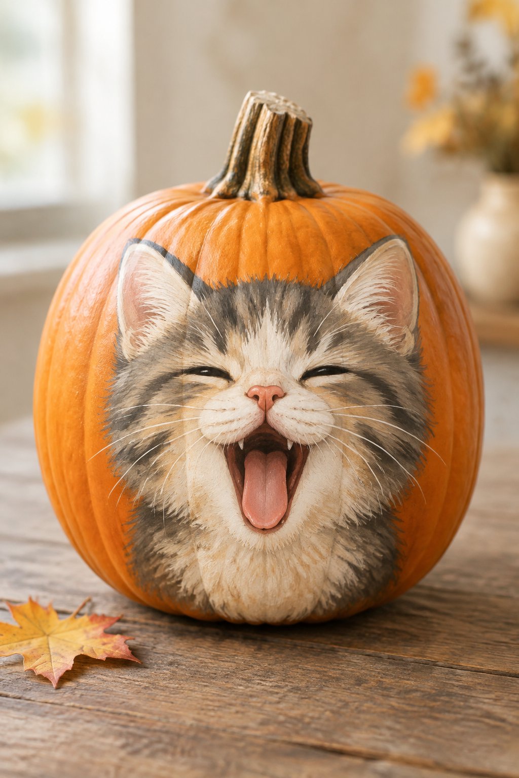 Yawning Kitten Pumpkin - cat pumpkin painting