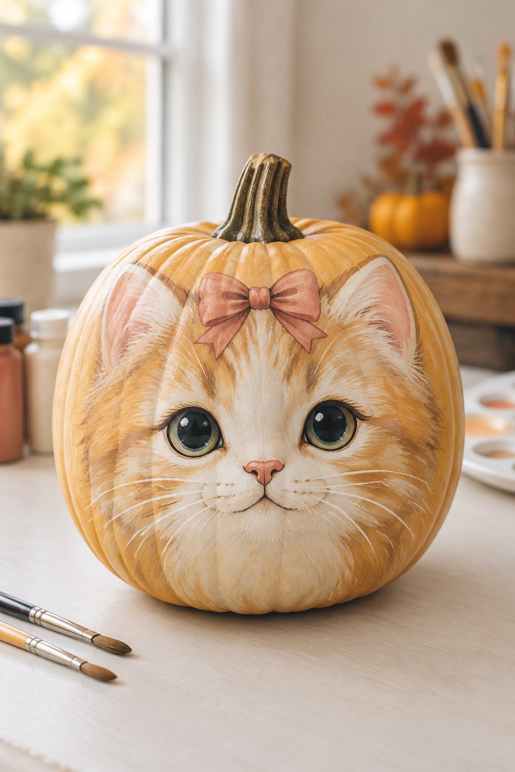 Kitten Bow Pumpkin - cat pumpkin painting