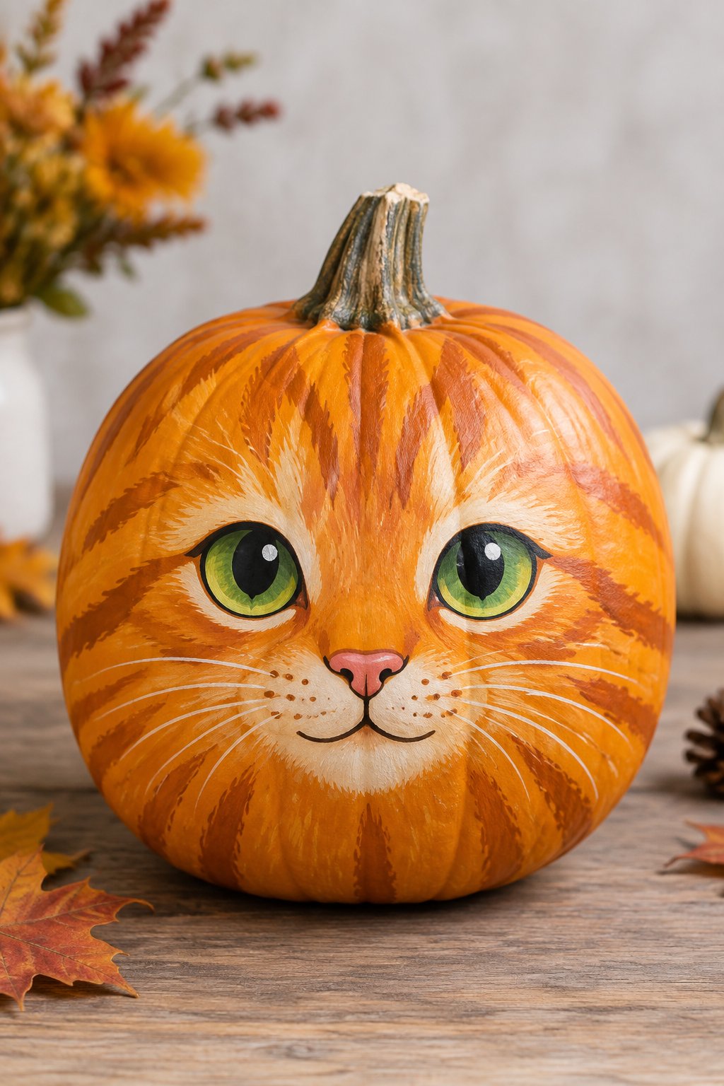 Ginger Cat Face Pumpkin - cat pumpkin painting