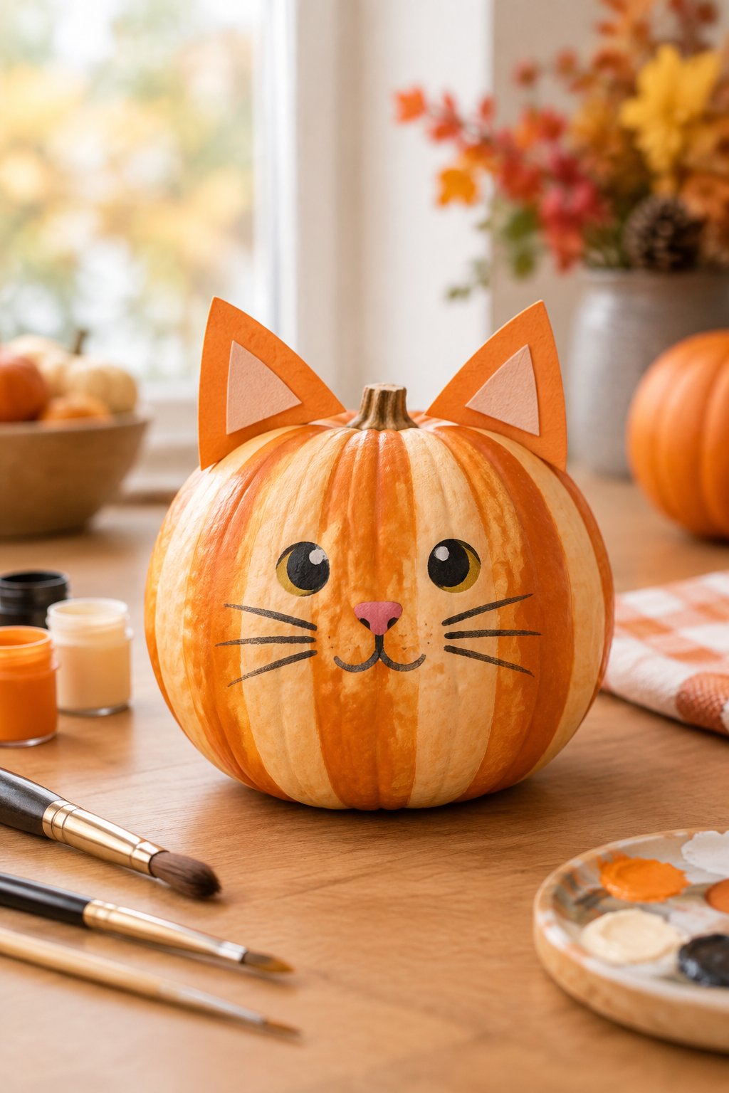Striped Cat Ear Pumpkin - cat pumpkin painting