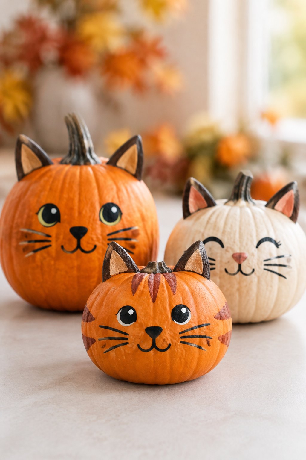 Cat Ear Stem Pumpkin Trio - cat pumpkin painting