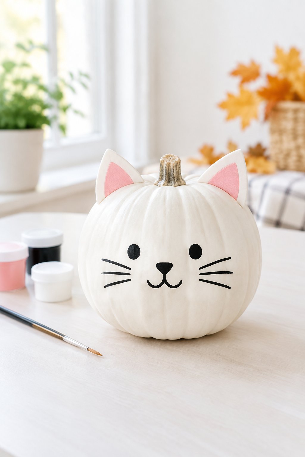 White Cat Ear Mini Pumpkin - cat pumpkin painting