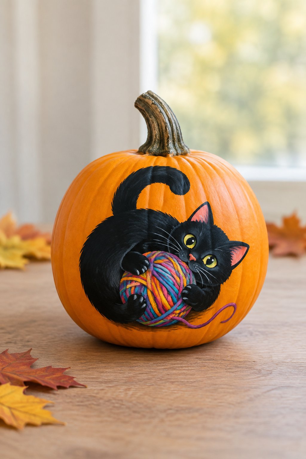 Cat and Yarn Ball Pumpkin - cat pumpkin painting