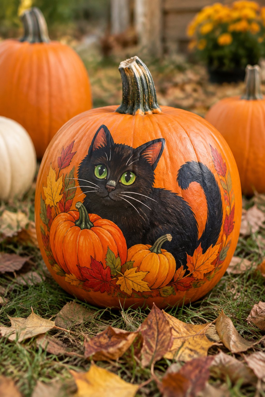 Cat in a Pumpkin Patch Pumpkin - cat pumpkin painting
