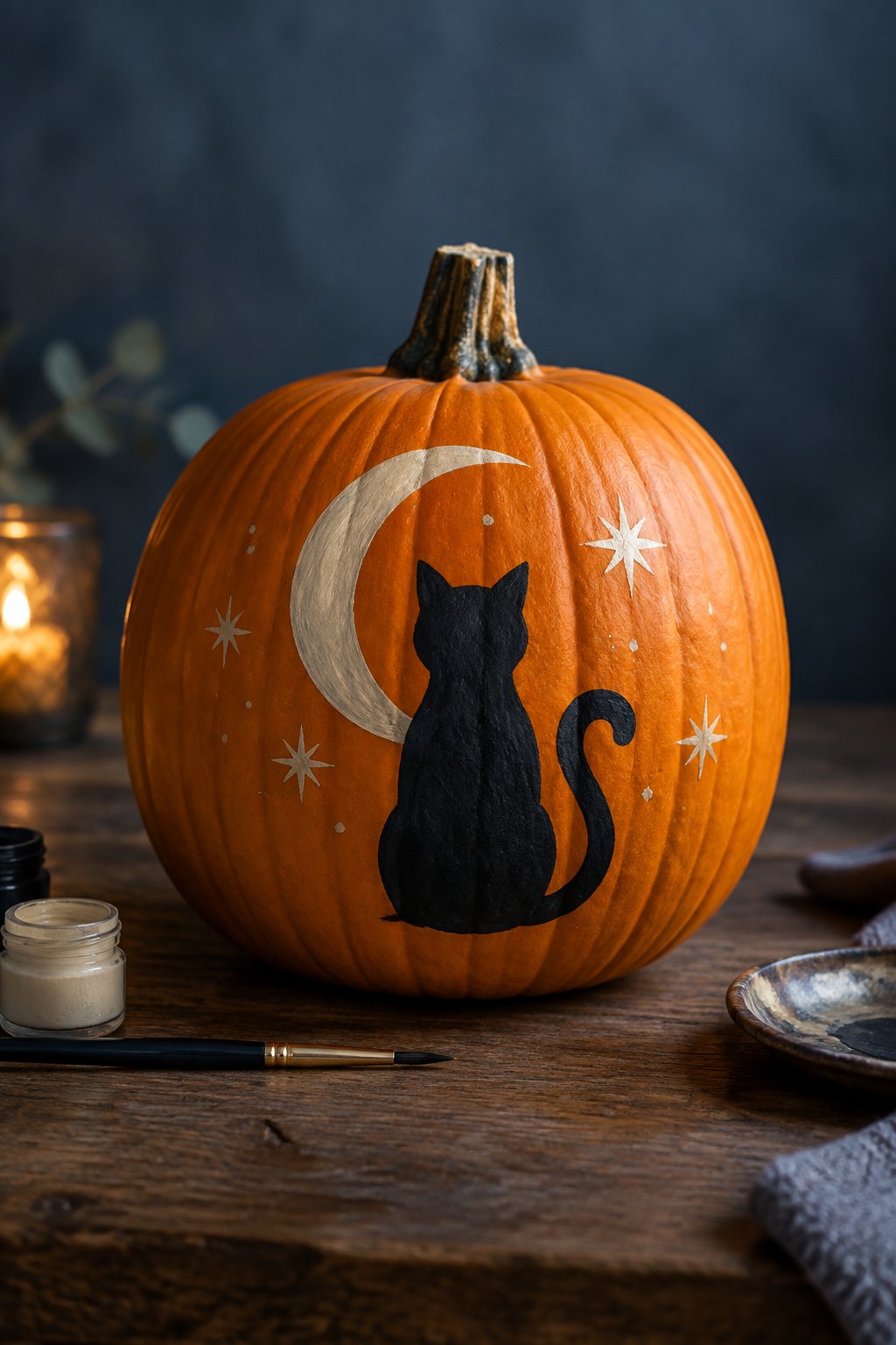Moonlit Cat Silhouette Pumpkin - cat pumpkin painting