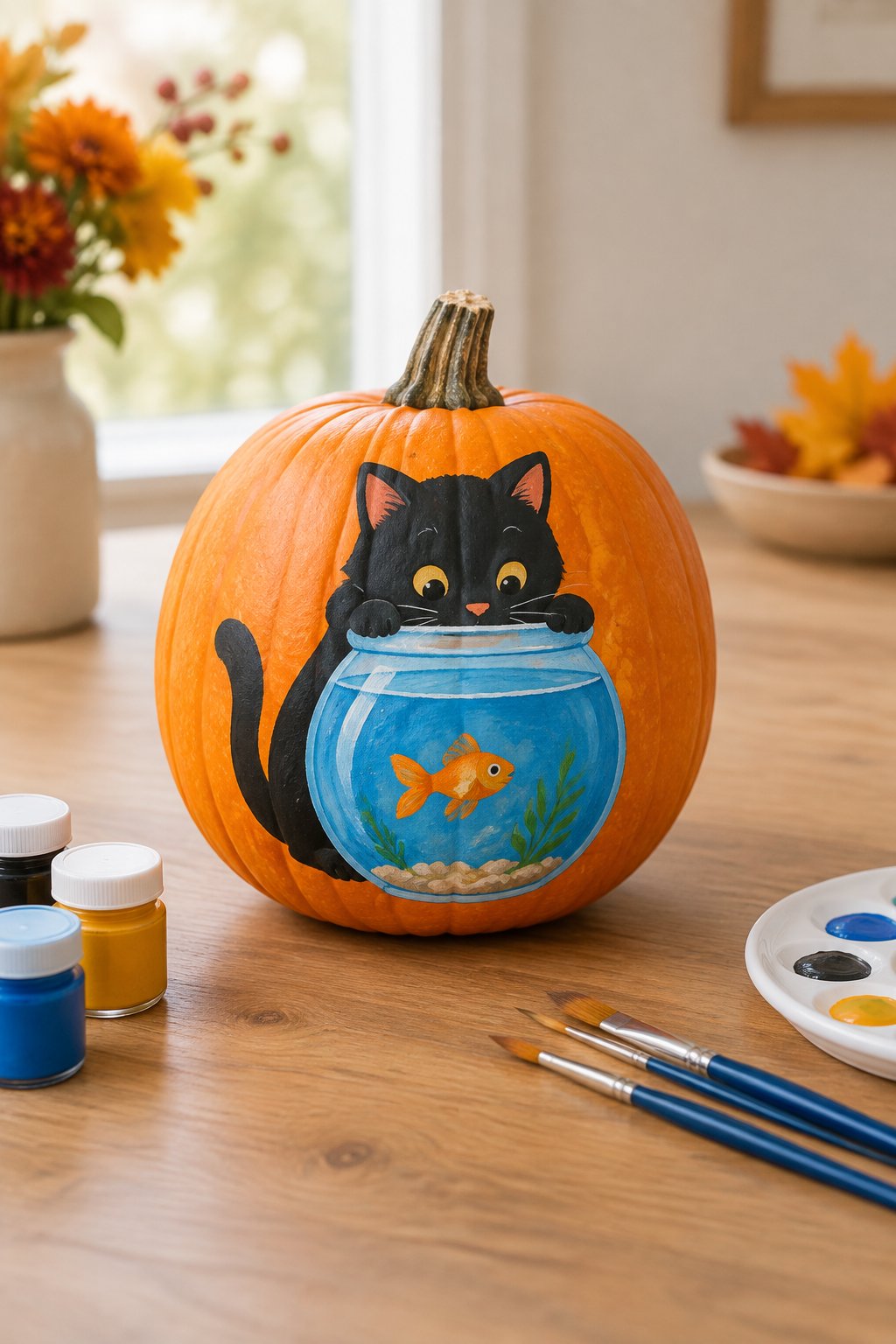Cat and Fish Bowl Pumpkin - cat pumpkin painting
