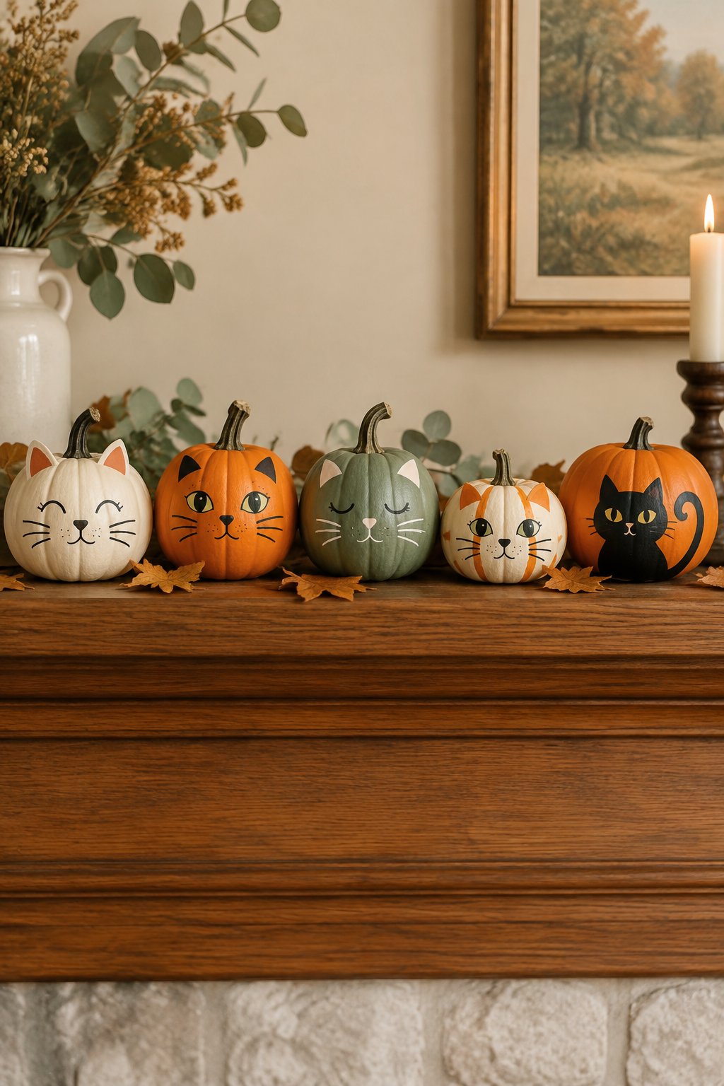 Cat Pumpkin Mantel Lineup - cat pumpkin painting