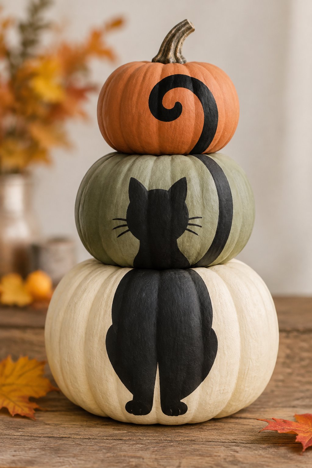 Cat Silhouette Stacked Pumpkins - cat pumpkin painting