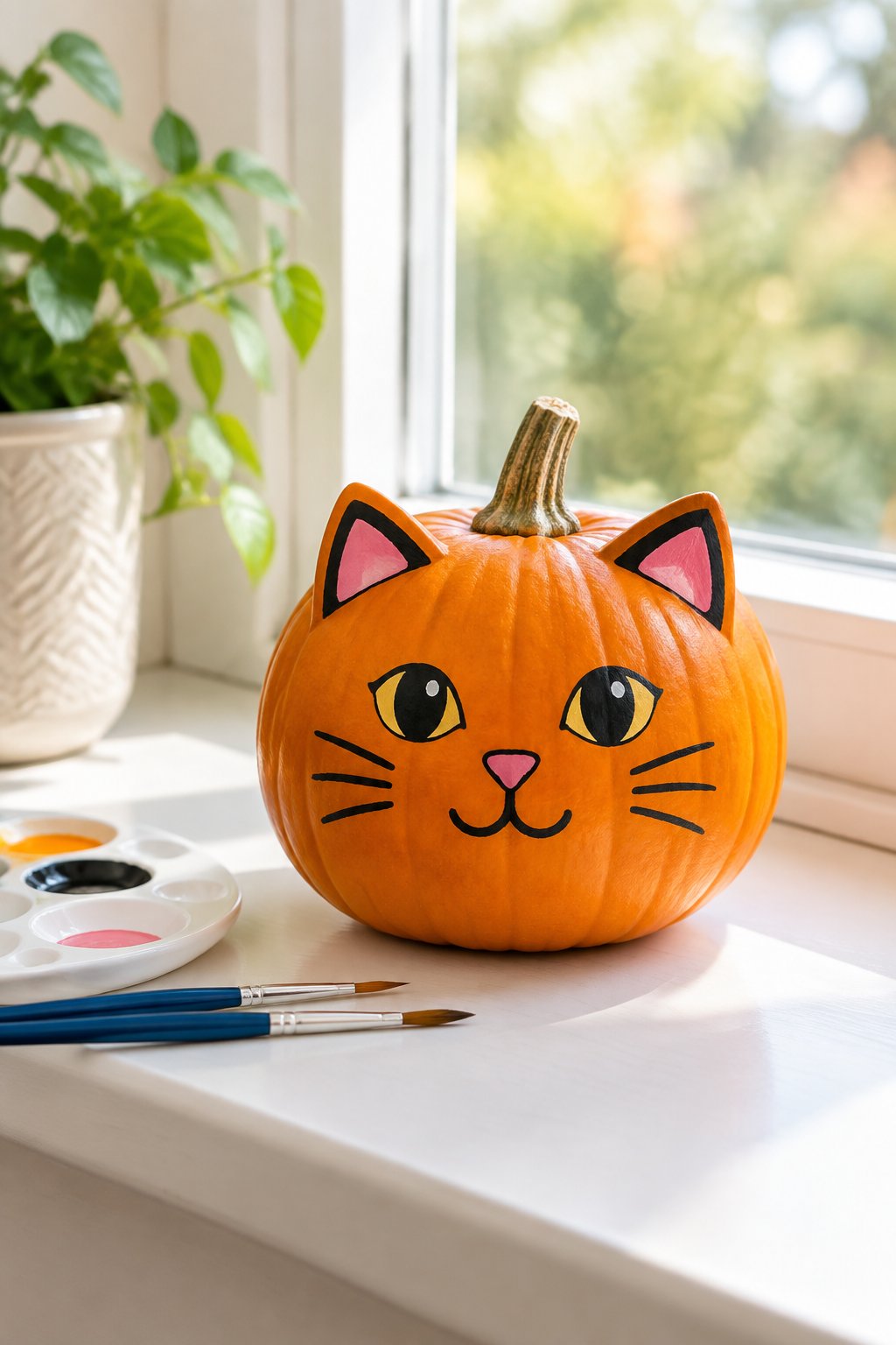 Cat Face Pumpkin Window Ledge - cat pumpkin painting