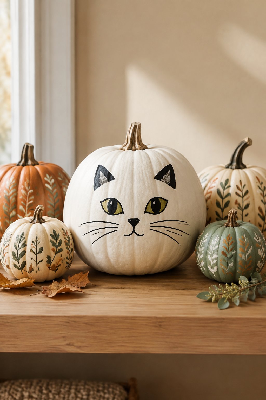 White Cat Pumpkin Shelf Scene - cat pumpkin painting