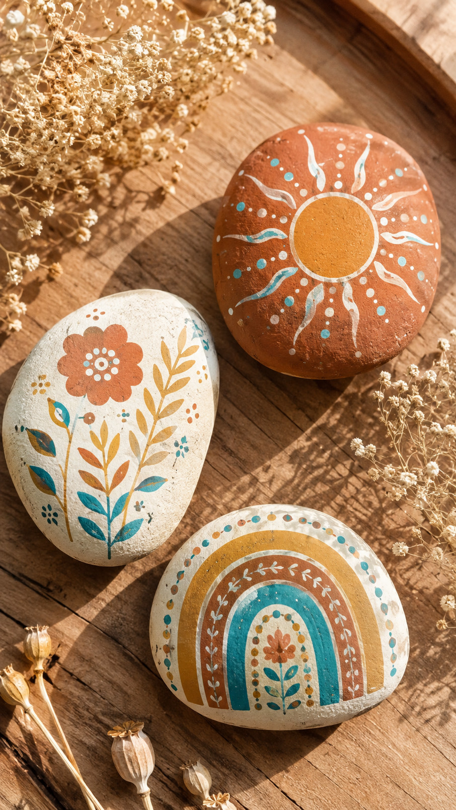 A boho painted rock featuring a lavender crescent moon, midnight blue background, tiny stars, and swirling dotted details.
