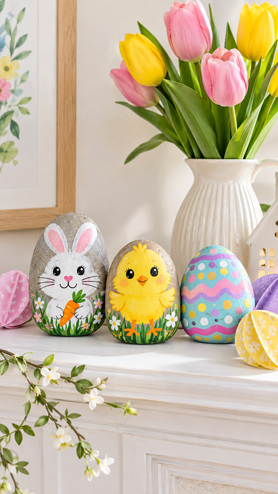 Hand-painted Easter carrot rocks with bright orange carrots and leafy green tops arranged beside spring flowers and Easter baskets.