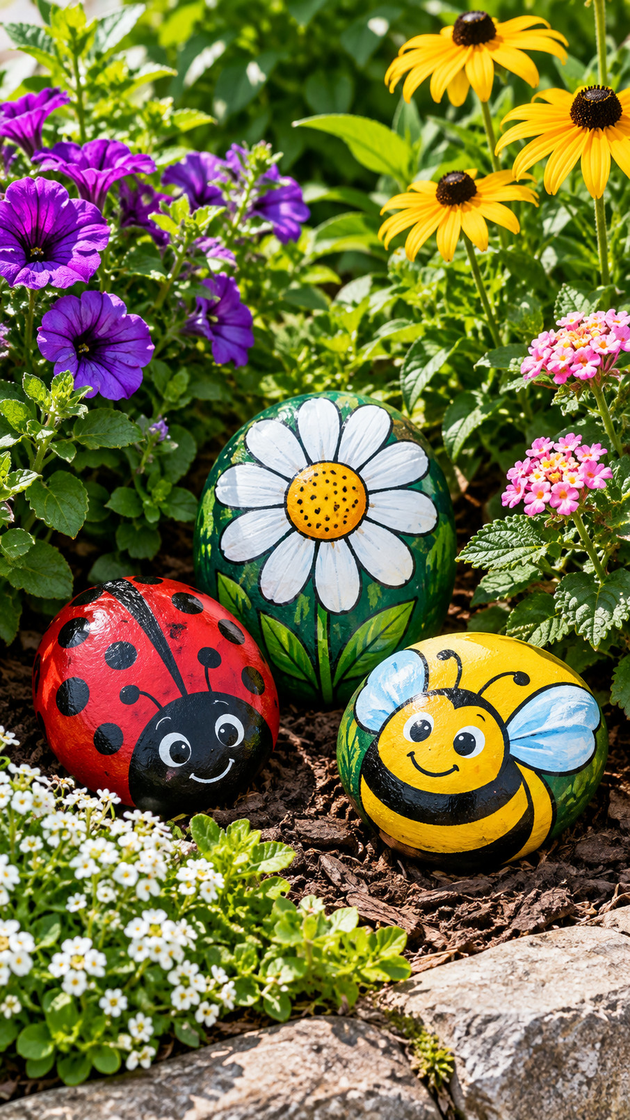 A group of colorful painted garden gnome rocks with bright caps, rosy cheeks, and tiny beards arranged among garden flowers.