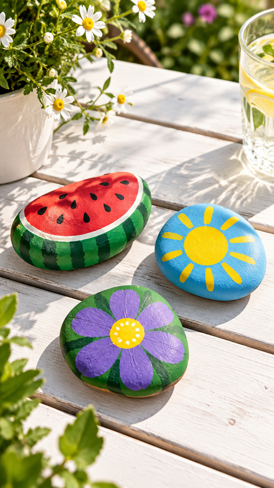 A photo of cheerful ladybug painted rocks with bright red shells, black spots, and smiling faces arranged among summer garden flowers.