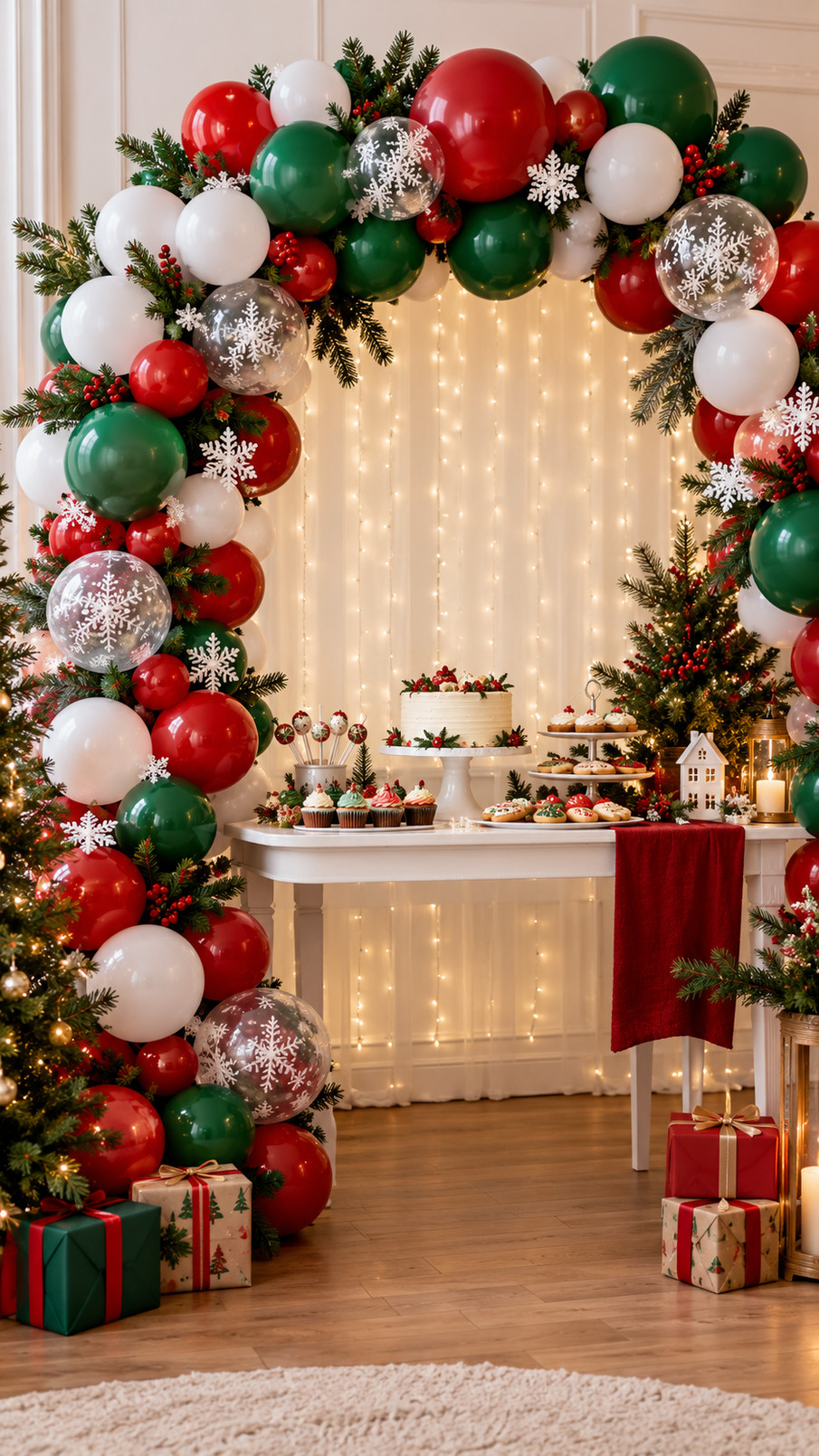 Christmas balloon arch with red, green, white, and gold balloons surrounding a large red gift bow.
