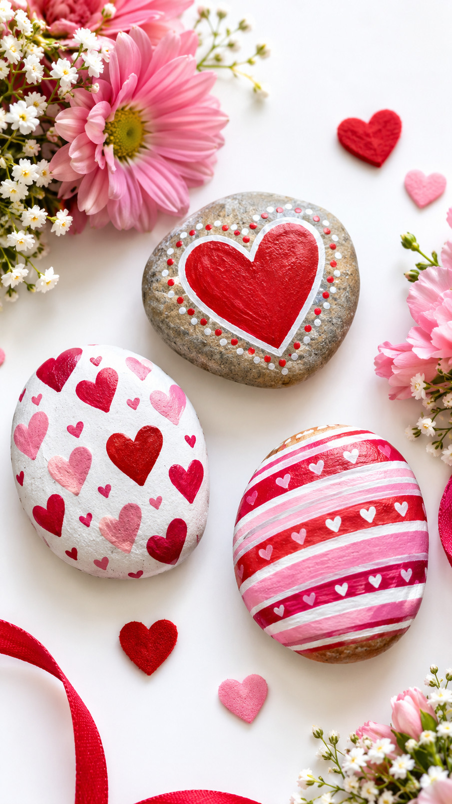 A painted Valentine’s Day rock featuring three pink heart-shaped balloons with white strings and golden stars on a blue background.