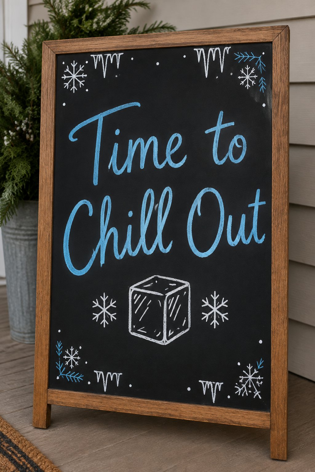 Chill Out Board: a framed winter chalkboard sign reading "Time to Chill Out", hand-drawn in chalk with an ice cube shape with two small snowflakes beside it.
