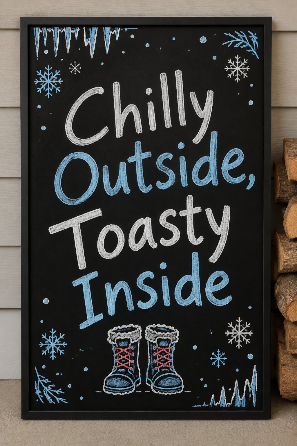 Chilly Outside Board: a framed winter chalkboard sign reading "Chilly Outside, Toasty Inside", hand-drawn in chalk with a small pair of snow boots standing side by side.