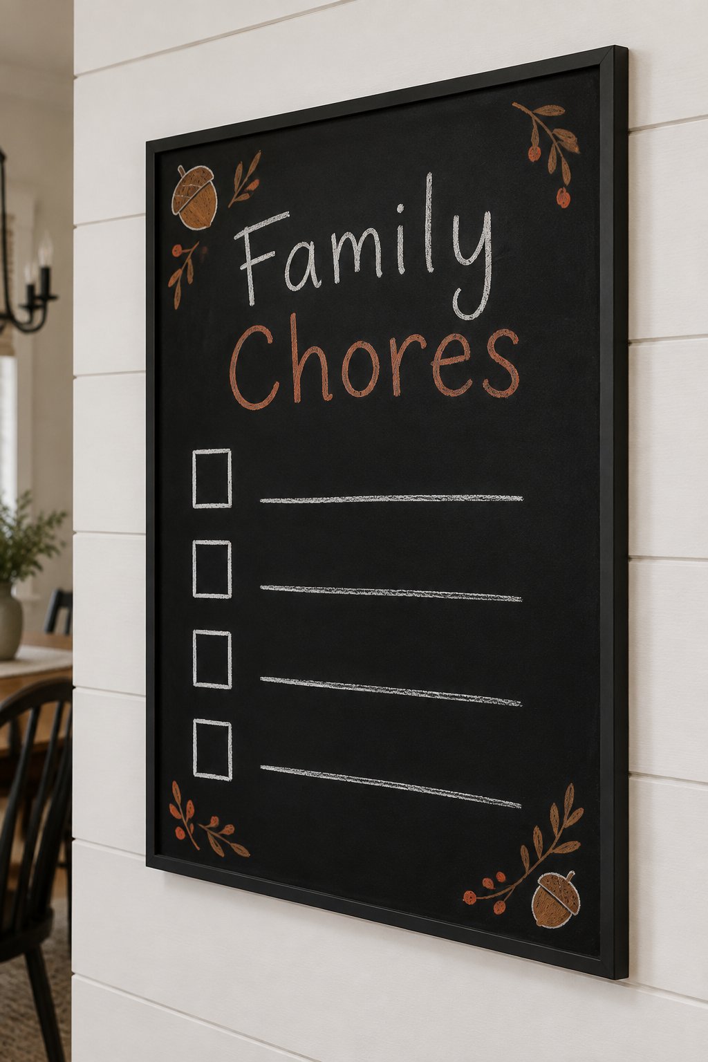 Chore Chart Board: a framed chalkboard sign showing "Family Chores", hand-drawn in fall chalk colors, with four empty checkbox squares in a column beside four blank lines.