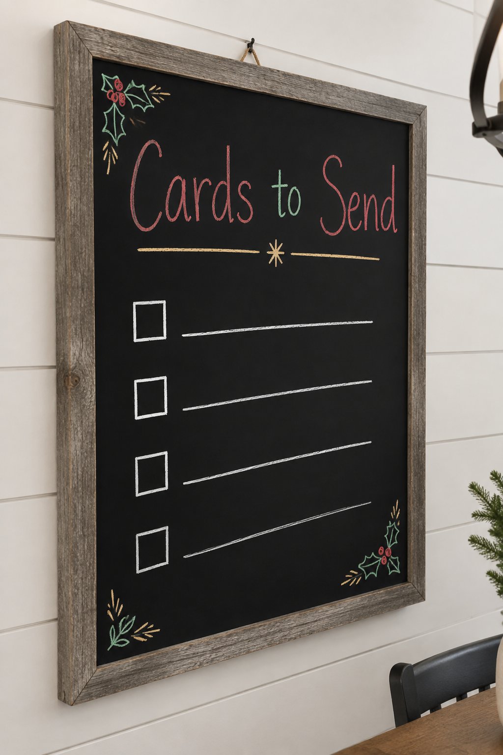 Christmas Card List Board: a framed chalkboard sign showing "Cards to Send", hand-drawn in white, deep red, sage green and gold chalk, with four blank lines each beside a small empty checkbox.