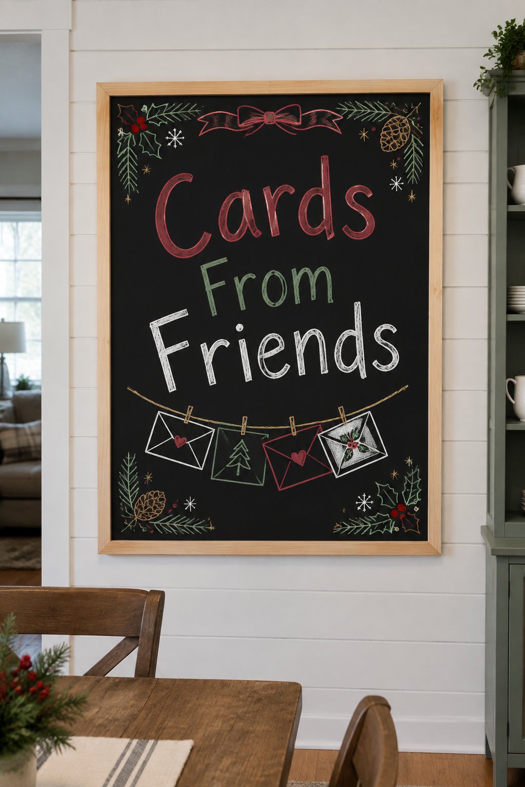 Christmas Card Wall: a framed chalkboard sign reading "Cards From Friends", hand-drawn in chalk with overlapping envelopes pegged along a string.