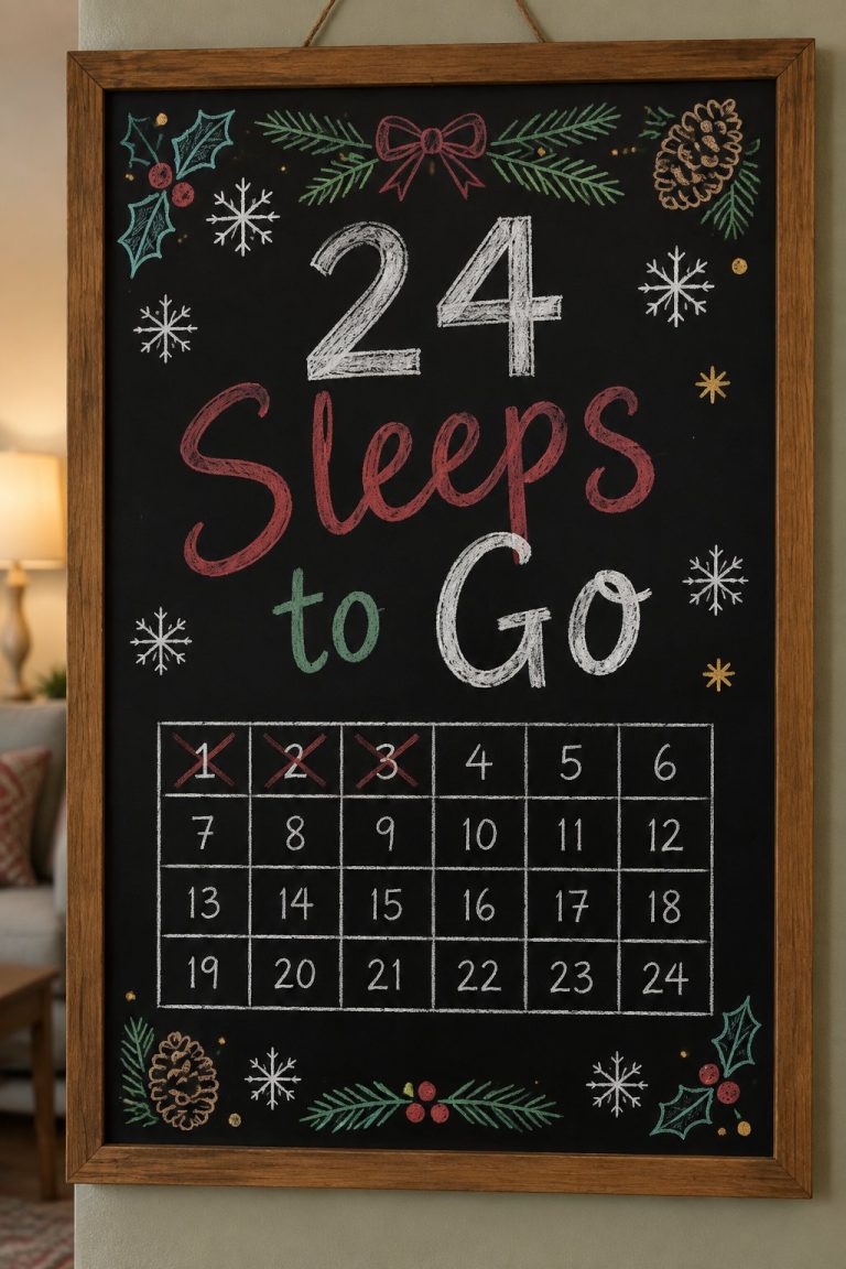 Christmas Countdown Calendar: a framed chalkboard sign reading "24 Sleeps to Go", hand-drawn in chalk with a grid of numbered squares with the first few crossed off.