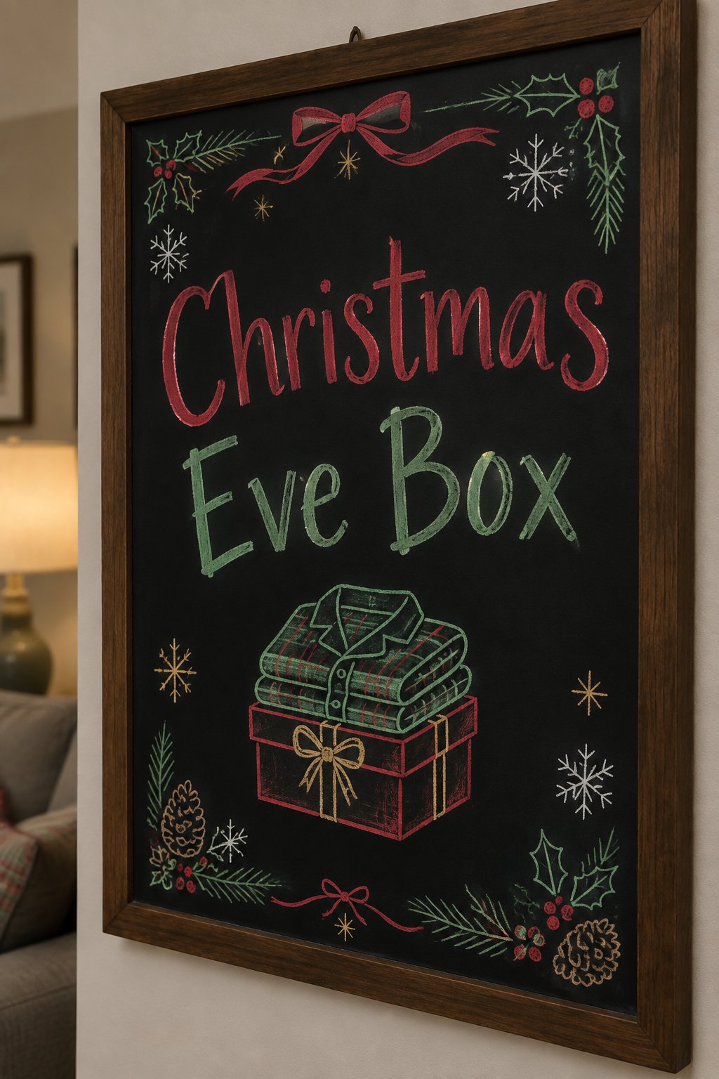 Christmas Eve Box: a framed chalkboard sign reading "Christmas Eve Box", hand-drawn in chalk with a wrapped box with pyjamas folded on top.