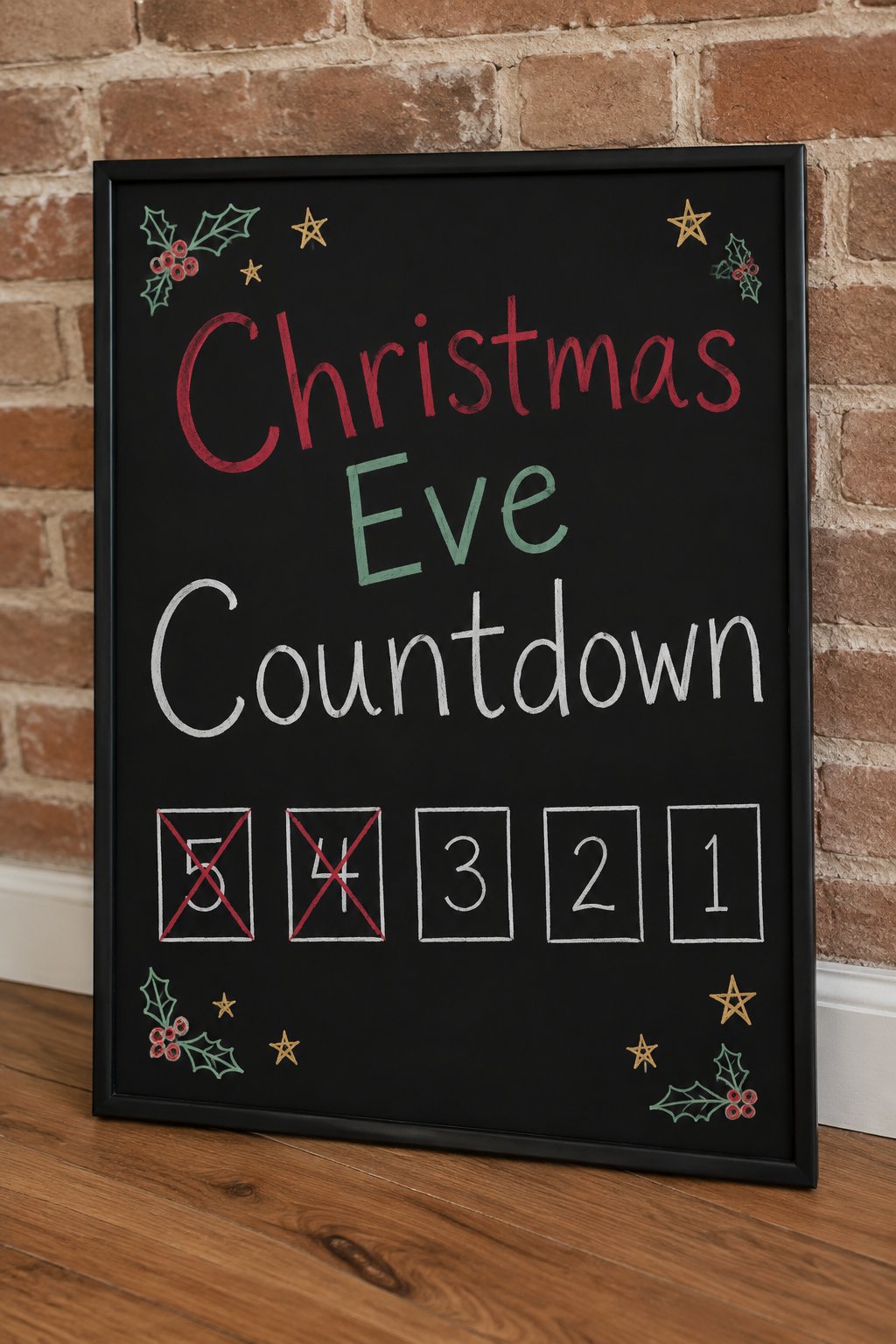 Christmas Eve Countdown: a framed chalkboard sign showing "Christmas Eve Countdown", hand-drawn in white, deep red, sage green and gold chalk, with five small numbered boxes counting down 5 4 3 2 1, w
