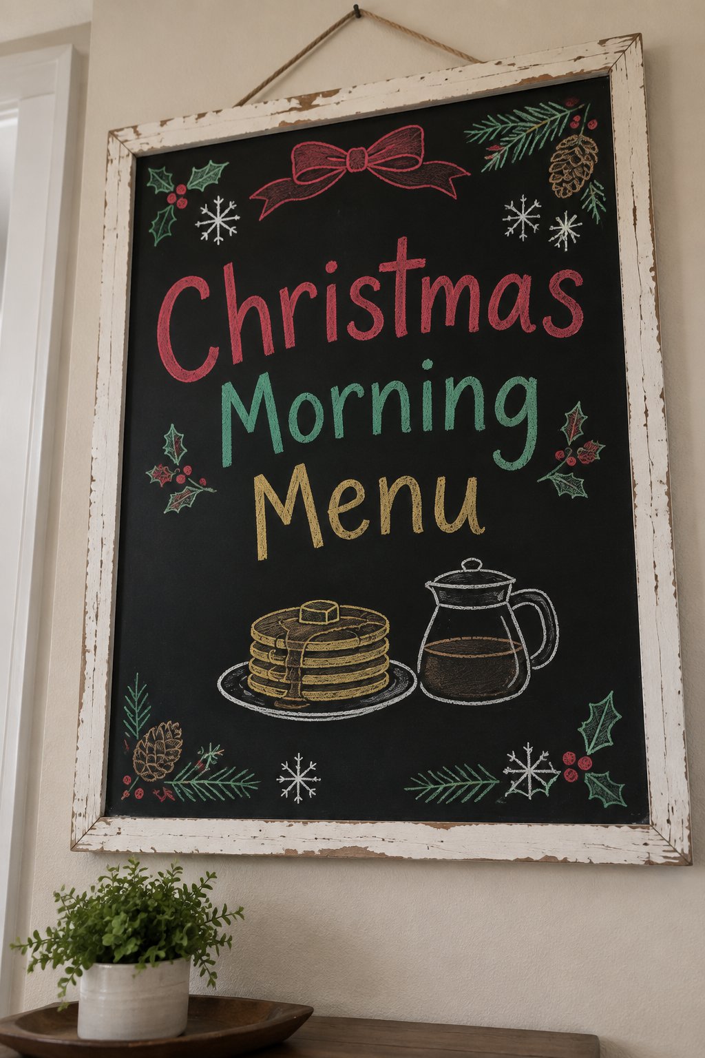 Christmas Morning Menu: a framed chalkboard sign reading "Christmas Morning Menu", hand-drawn in chalk with a stack of pancakes and a coffee pot.