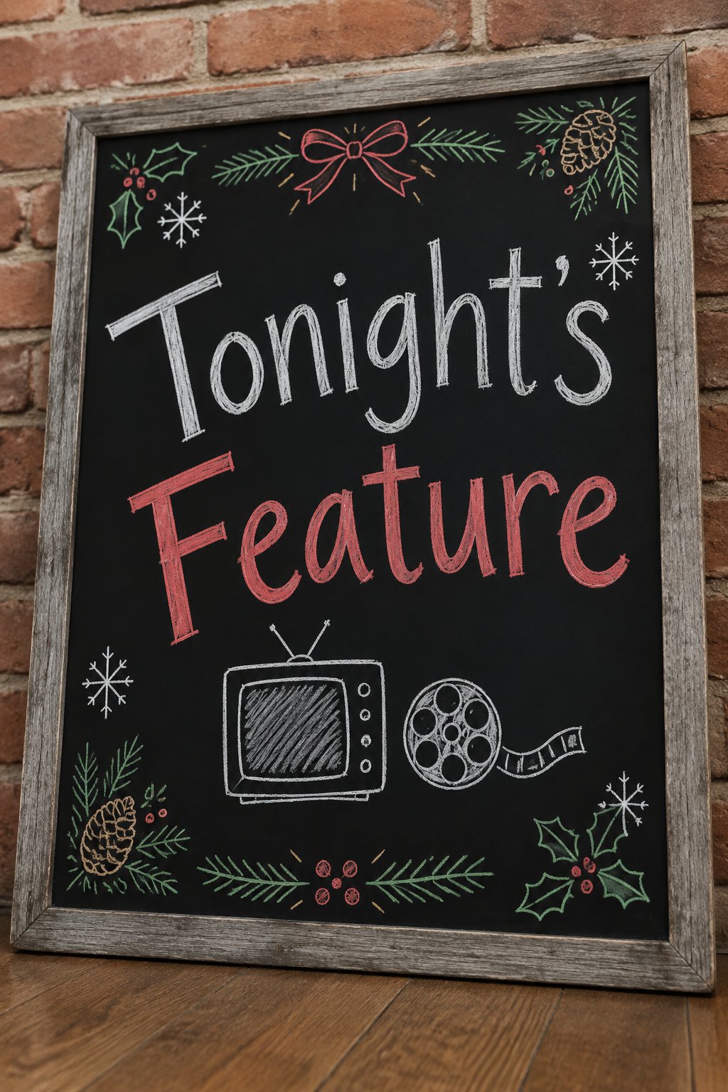 Christmas Movie List: a framed chalkboard sign reading "Tonight's Feature", hand-drawn in chalk with a small television with a film reel beside it.