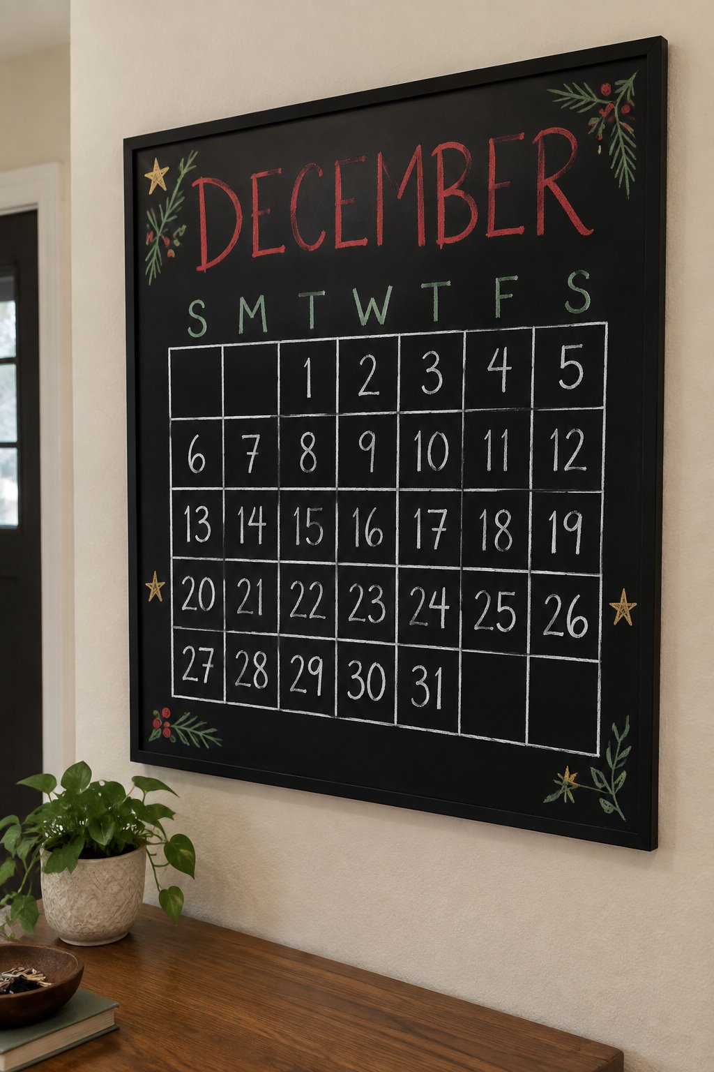 Christmas Week Marked Grid: a framed chalkboard sign showing "DECEMBER", hand-drawn in white, deep red, sage green and gold chalk, with a small star doodled beside the row that holds Christmas Day.