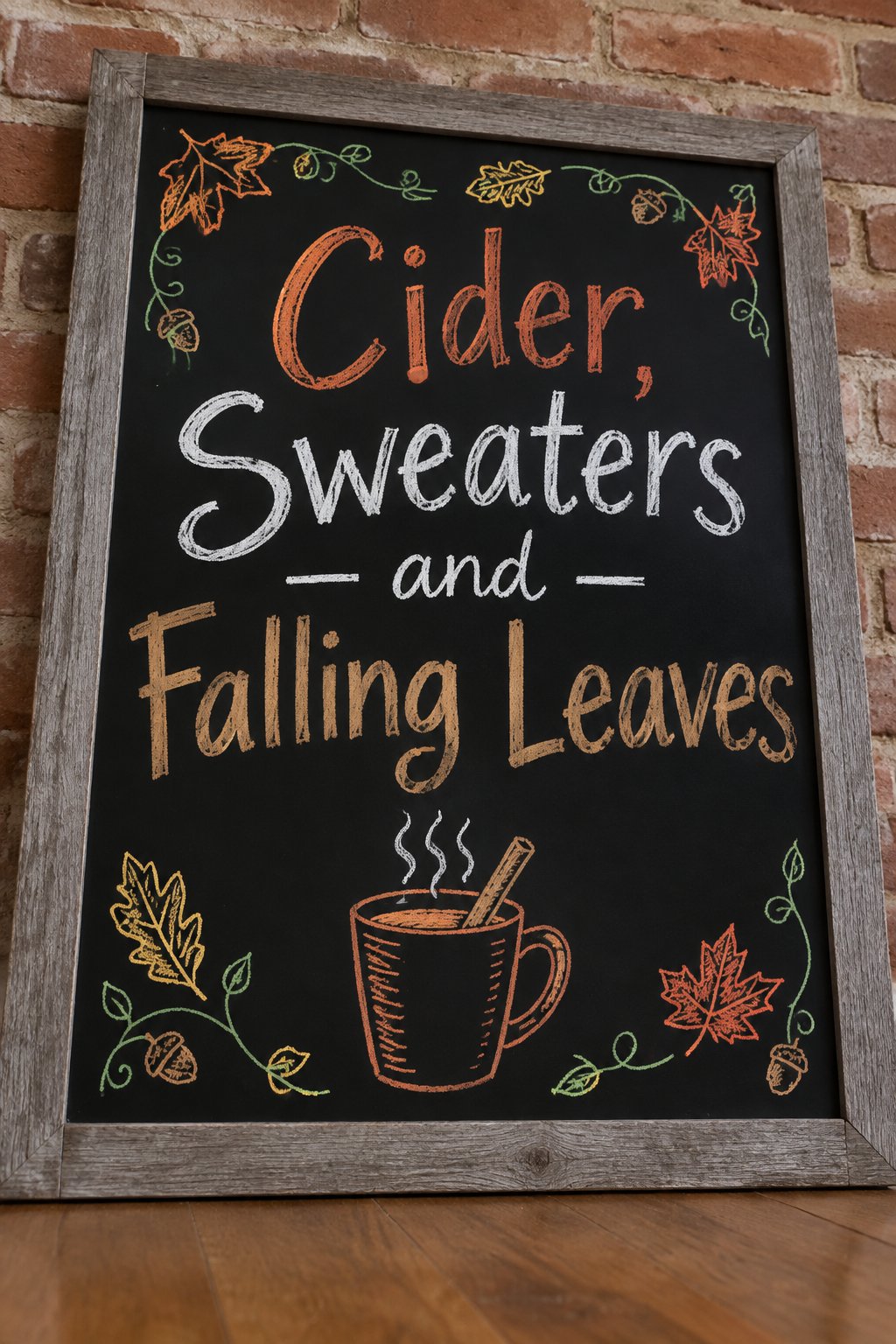 Cider and Sweaters Sign: a framed fall chalkboard sign reading "Cider, Sweaters and Falling Leaves", hand-drawn in chalk with a steaming mug of cider with a cinnamon stick.