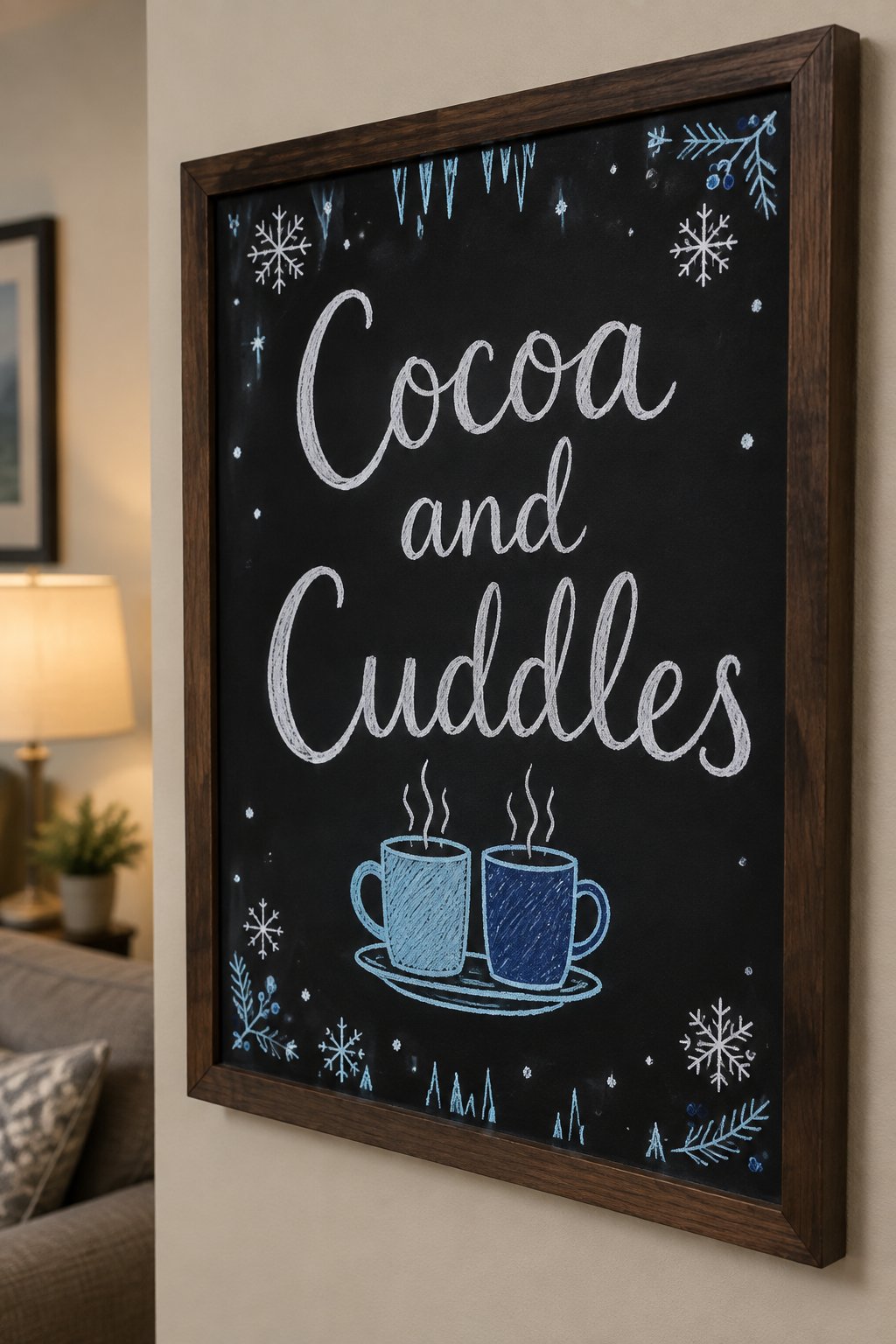 Cocoa and Cuddles Board: a framed winter chalkboard sign reading "Cocoa and Cuddles", hand-drawn in chalk with two mugs side by side on a small saucer, steam rising from both.