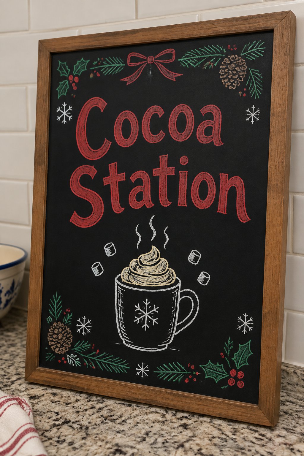 Cocoa Station: a framed December chalkboard sign reading "Cocoa Station", hand-drawn in chalk with a steaming mug topped with a swirl of whipped cream.