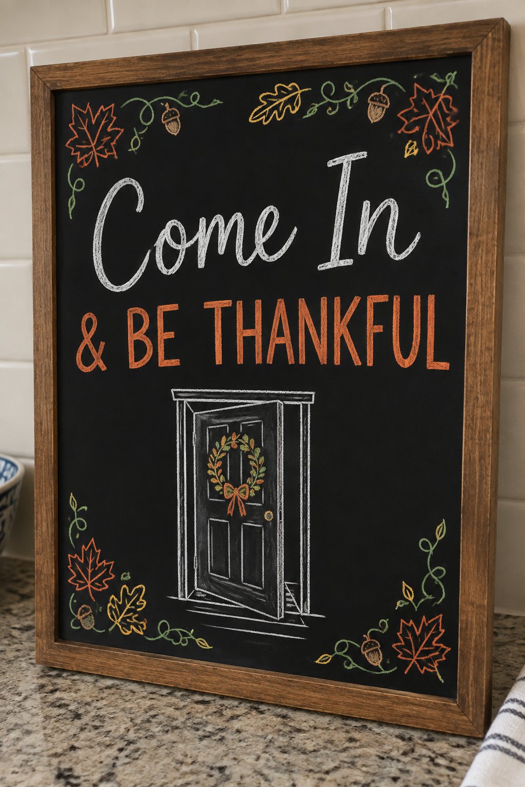 Come In and Be Thankful: a framed Thanksgiving chalkboard sign reading "Come In & Be Thankful", hand-drawn in chalk with an open front door with a leaf wreath on it.