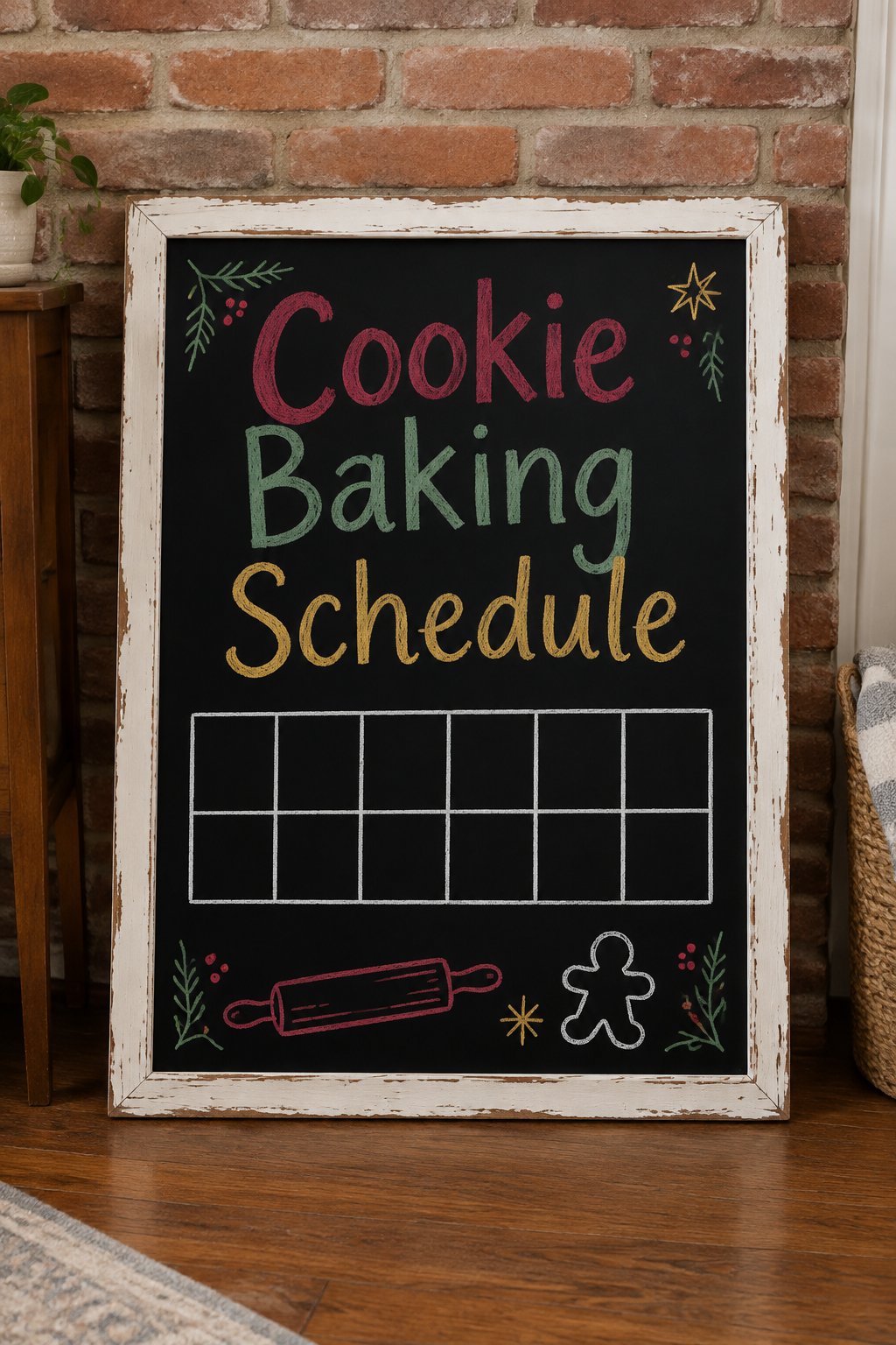 Cookie Baking Schedule: a framed chalkboard sign showing "Cookie Baking Schedule", hand-drawn in white, deep red, sage green and gold chalk, with a small rolling pin and cookie cutter doodled at the b