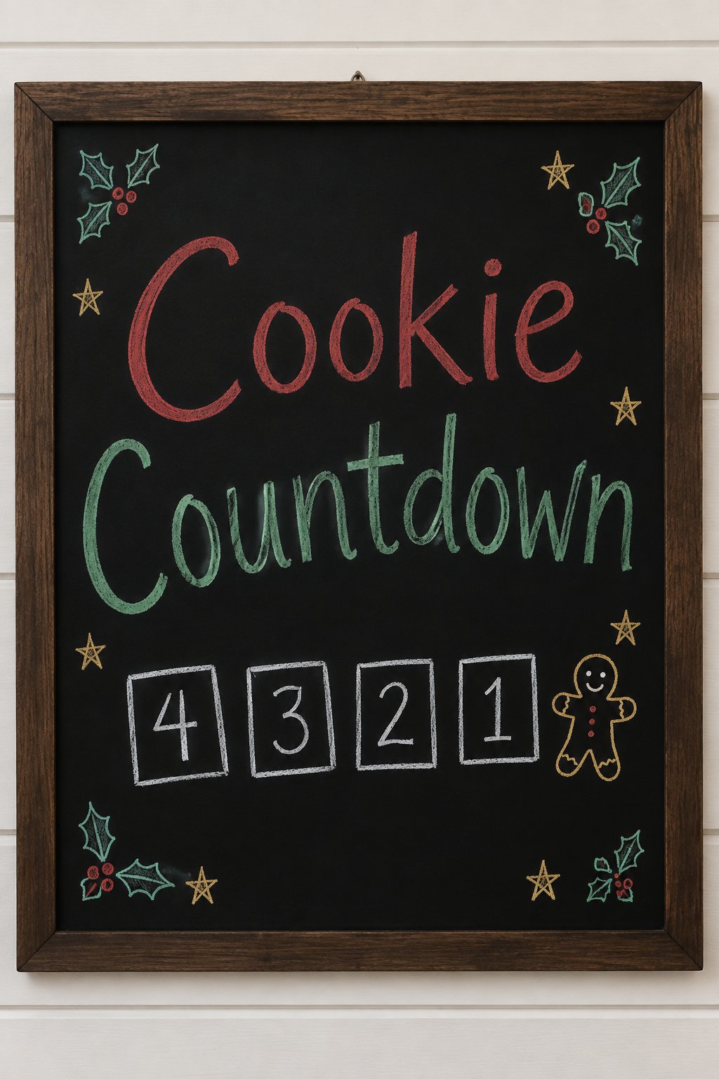 Cookie Countdown Board: a framed chalkboard sign showing "Cookie Countdown", hand-drawn in white, deep red, sage green and gold chalk, with four small numbered boxes 4 3 2 1 with a tiny gingerbread ma