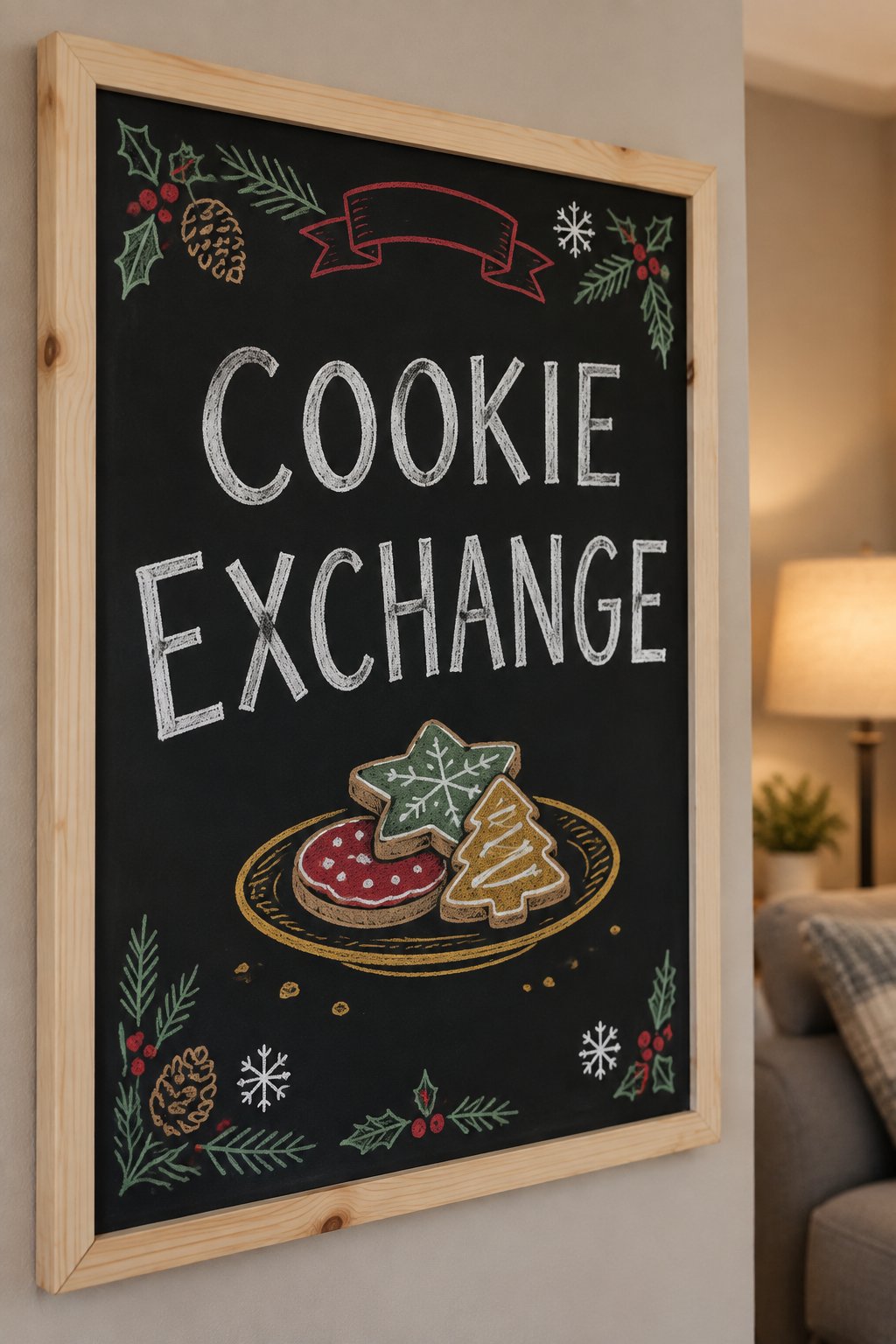 Cookie Exchange Sign: a framed December chalkboard sign reading "Cookie Exchange", hand-drawn in chalk with a plate stacked with three different iced cookies.