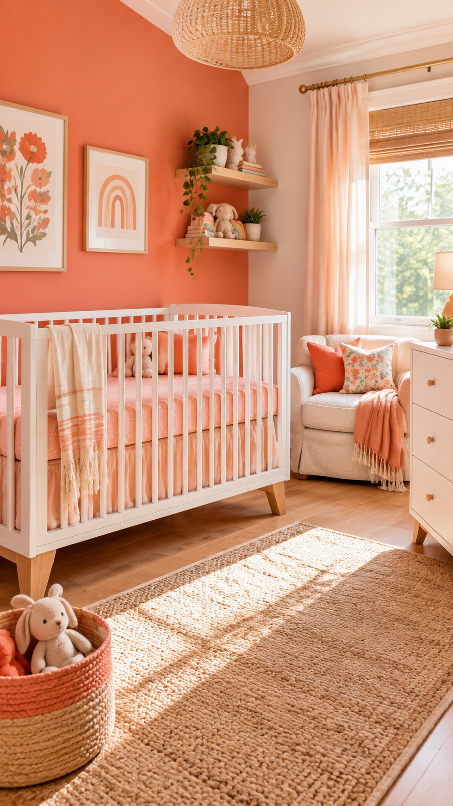 A coral cloud mobile with peachy accents hangs above a crib in a bright coral nursery.