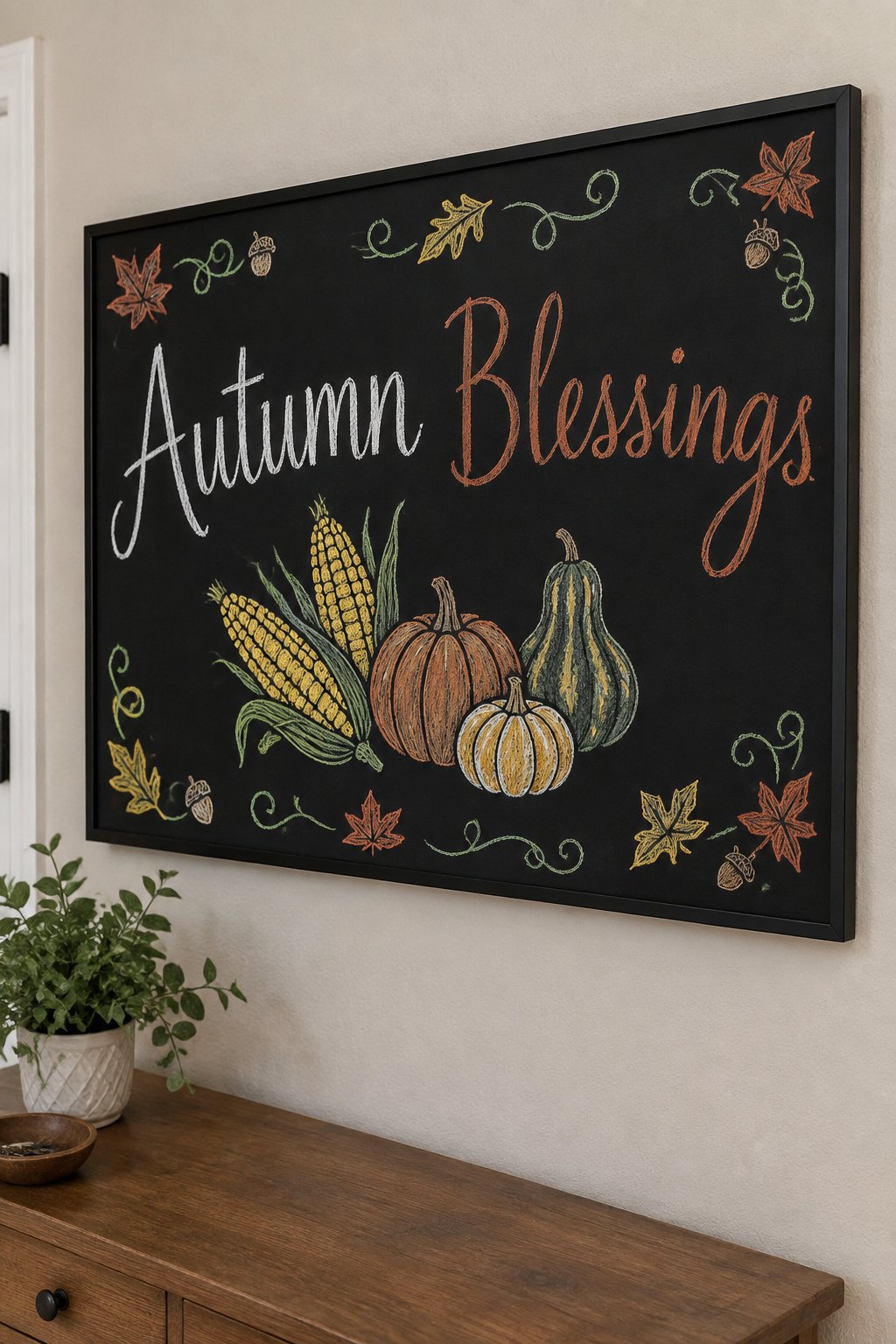 Corn and Gourds: a framed Thanksgiving chalkboard sign reading "Autumn Blessings", hand-drawn in chalk with two ears of corn and a few gourds.