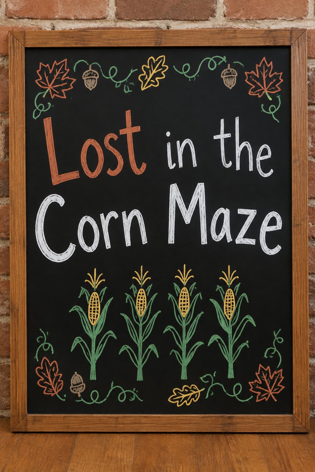 Corn Maze Sign: a framed fall chalkboard sign reading "Lost in the Corn Maze", hand-drawn in chalk with a few tall stalks of corn in a row.