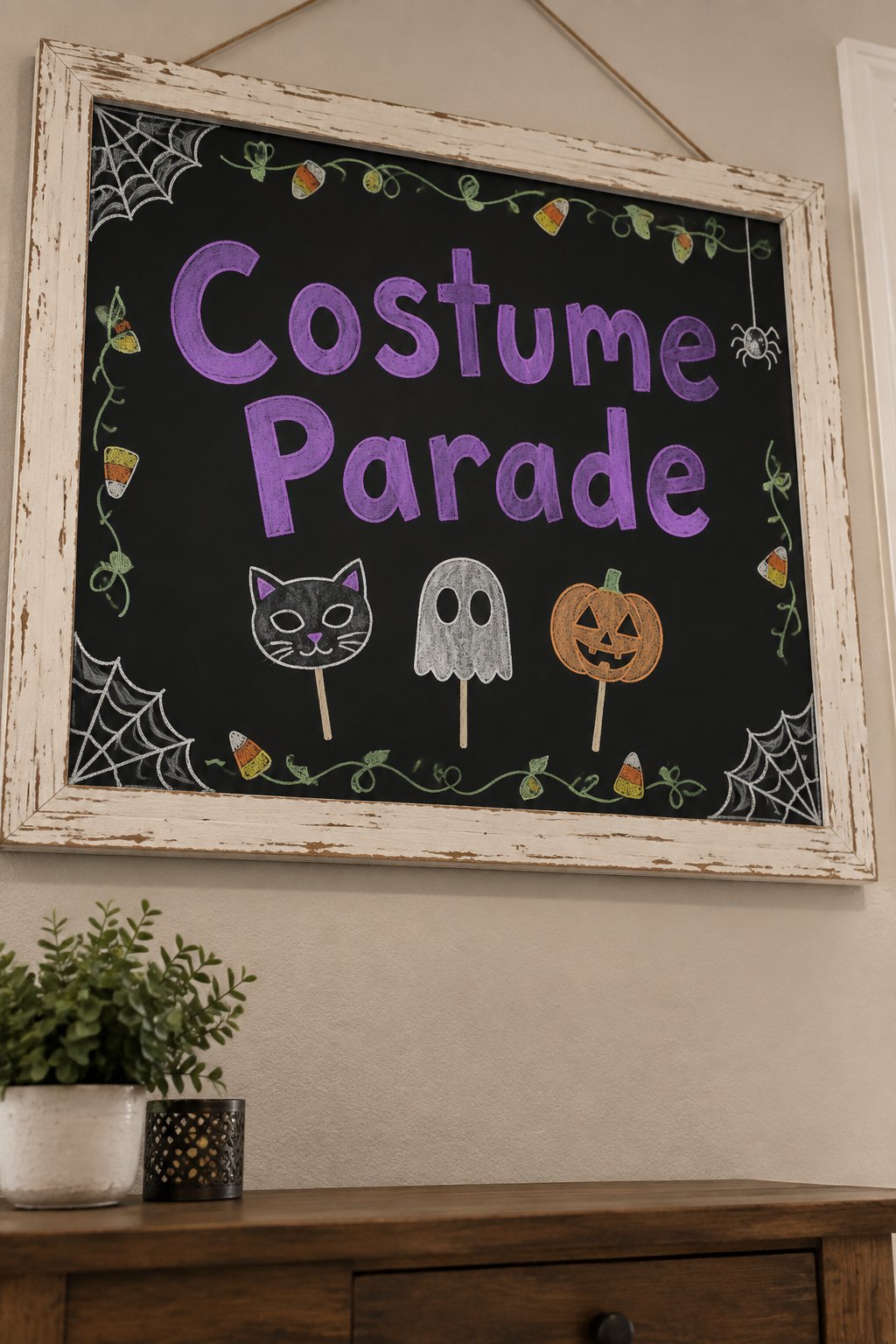 Costume Parade: a framed Halloween chalkboard sign reading "Costume Parade", hand-drawn in chalk with three small paper masks in a row, a cat, a ghost and a pumpkin.